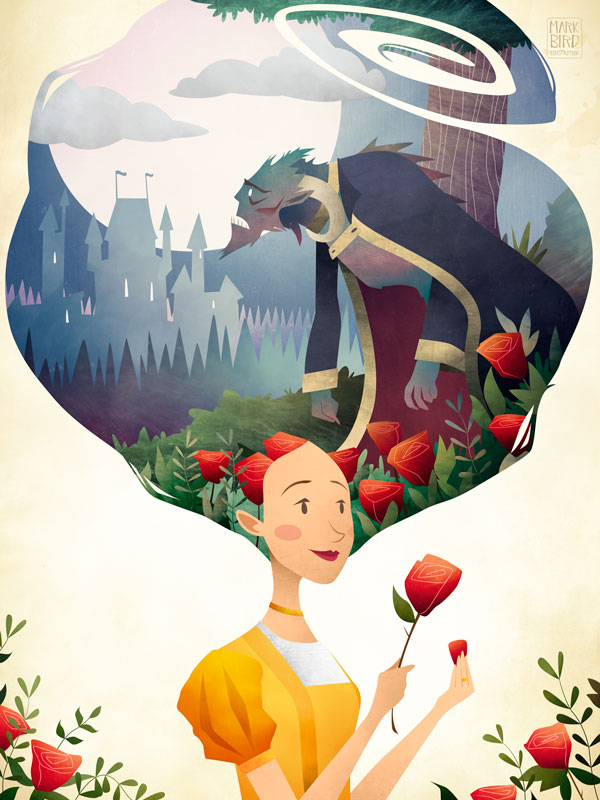 Beauty and The Beast | Mark Bird Illustration - Children's fairy tale princess Illustration of Beauty and the Beast in the rose garden.