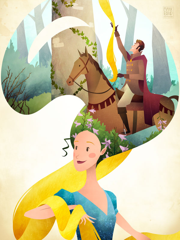 Rapunzel | Mark Bird Illustration - Children's fairy tale princess Illustration with prince charming climbing Rapunzel's long golden hair to the tower.