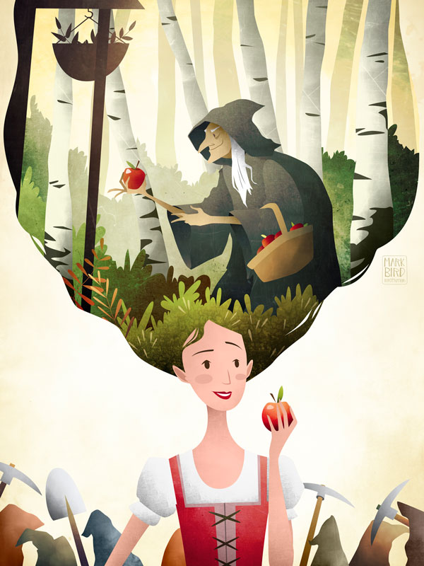 Snow White | Mark Bird Illustration - Children's fairy tale princess Illustration of Snow White and seven dwarfs with wicked stepmother offering posioned apple in the forest.