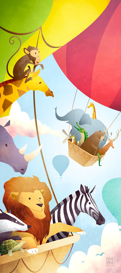 The Great Animal Ballon Race | Mark Bird Illustration - Children's hot air balloon book Illustration with lion, zebra, giraffe, bear, badger, monkey, tortoise, rhino, deer, fox, elephant and crocodile.